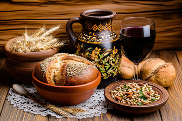 Traditional rustic table setting with homemade bread, a beautifully decorated jug, a glass of red wine, wheat, and grains on a wooden backdrop