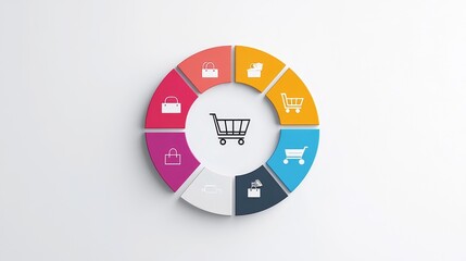 A minimalistic infographic pie chart with flat design icons for each transport mode embedded in their respective sections, a sleek shopping cart icon glowing at the middle, Abstract, Muted palette, 