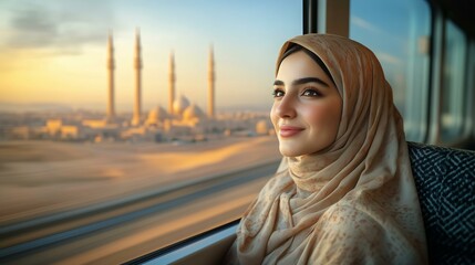 Joyful journey: woman in hijab enjoys scenic train ride at sunset