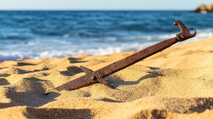 Ancient harpoon resting on sandy beach, partially buried with weathered wooden handle and rusted metal tip, evoking historical maritime heritage and archaeological significance.