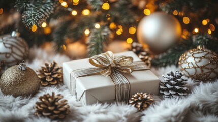 Festive Gift Scene, Christmas tree ornaments, glowing lights, wrapped present, pinecones, cozy ambiance, holiday spirit