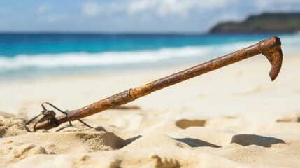 Ancient harpoon resting on sandy beach, partially buried with weathered wooden handle and rusted metal tip, evoking historical maritime heritage and archaeological significance.