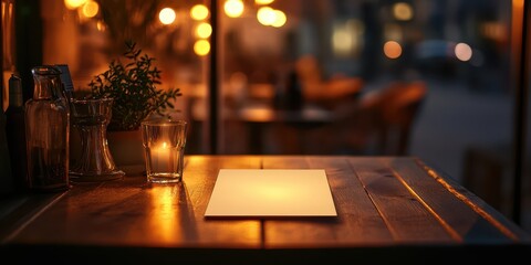 Upscale café with a glowing white menu card on a dark wooden tabletop, warm lighting creating an inviting atmosphere.