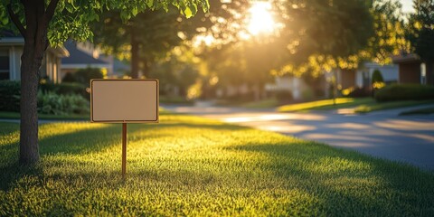 Clean suburban street with a blank yard sign on freshly cut grass, soft sunlight streaming through trees.