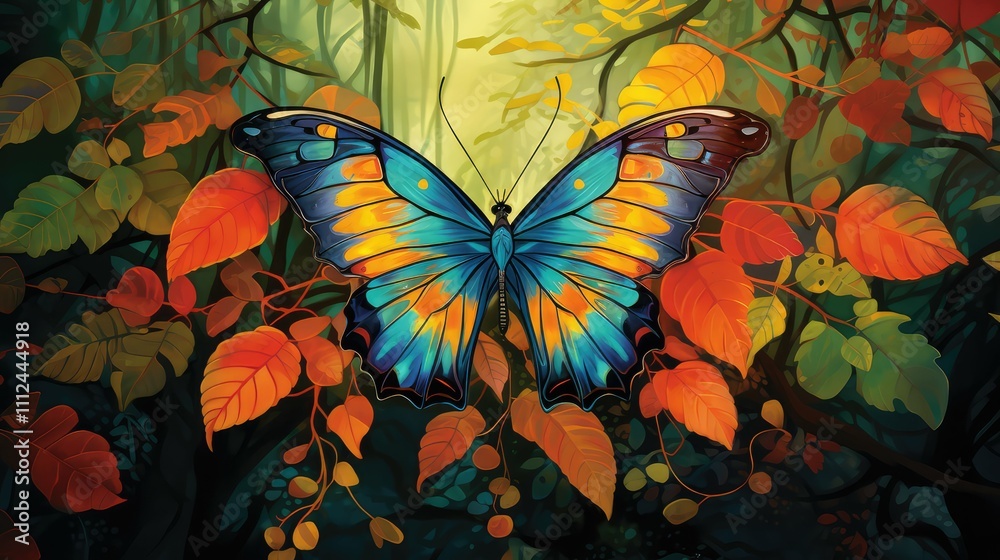 Poster butterfly illustrated leaves