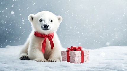 Fototapeta premium Festive Polar Bear Cub with a Gift Box