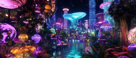Bio-luminescent city at night. Futuristic cityscape with glowing jellyfish, mushrooms, and vibrant flora.  Fantasy architecture and glowing water.