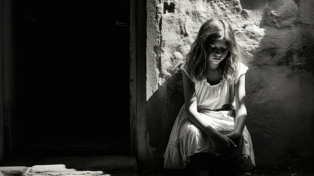 stone girl sitting by a door