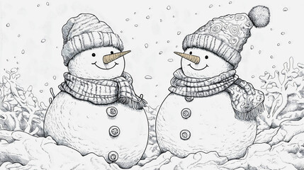 Cute snowman illustration with a scarf and hat, hand drawn in a cheerful cartoon style, perfect for Christmas and New Year coloring pages or holiday themed educational activities for kids
