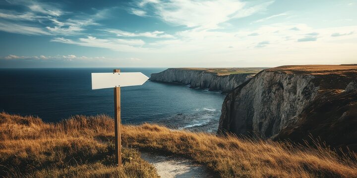 Scenic overlook with a white directional sign on a metal post, dramatic cliffs and ocean views stretching to the horizon.