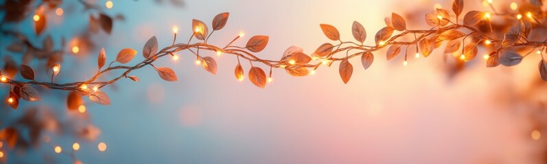 Fototapeta premium Branch with leaves and lights on it, space for text