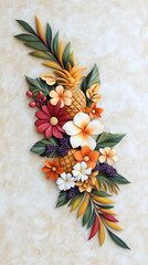 artistic arrangement of pineapples and tropical flowers with vibrant colors