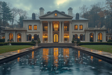 Fototapeta premium Grand Mansion Reflecting In Evening Pool Water