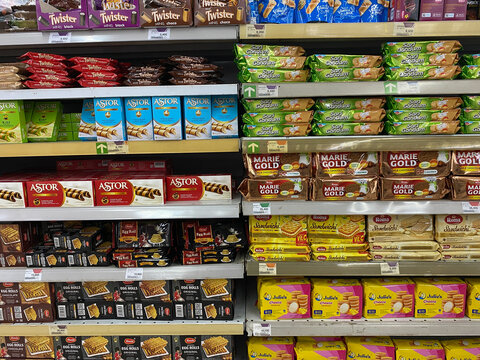 Various sweet snacks brands at Indonesia, displayed on supermarket shelf, in November 11th 2023 on Semarang, Indonesia 