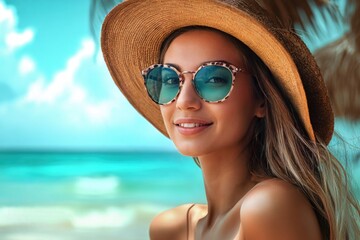 Model woman wearing sunglasses, tanned skin,a tropical bikini wear straw hat, for summer banner poster