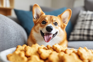 Happy Corgi with Dog Treats at Home 