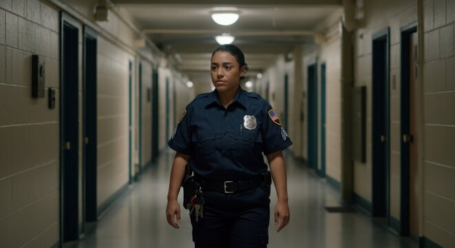 Female Hispanic correctional officer walking in prison hallway