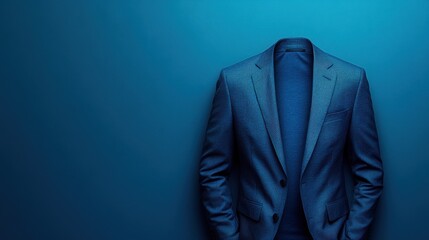 Suit and tie standing against a blue wall