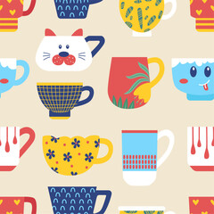 Ceramic cups seamless pattern. Kitchen style print for fabric, wrapping, napkins. Adorable decorative mug and cup for different drinks, neoteric vector background