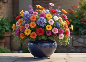 a variety of colorful flowers in a garden vase, blooming flowers, floral arrangement