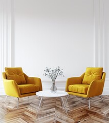 Two yellow armchairs with a small round table and a vase of flowers in front of a white wall