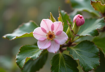 Pink flower with green leaves in natural blurred background
