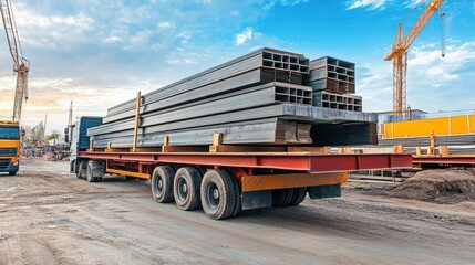 A truck transporting steel beams at a construction site.