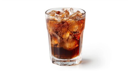 A glass of dark rum with ice cubes, isolated on white