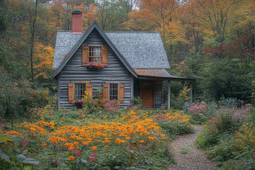 A charming grey wood cabin nestled amongst autumn foliage