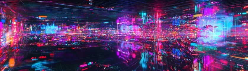 Fototapeta premium Tilted angle view of a neon-lit cityscape, futuristic drones weaving through towering holograms, surreal reflections on glass