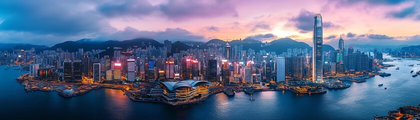 Fototapeta premium Stunning panoramic view of Hong Kong's vibrant skyline at sunset. Skyscrapers, harbor, and colorful sky create a breathtaking cityscape.