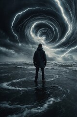 Obraz premium Individual standing in a stormy ocean under swirling skies