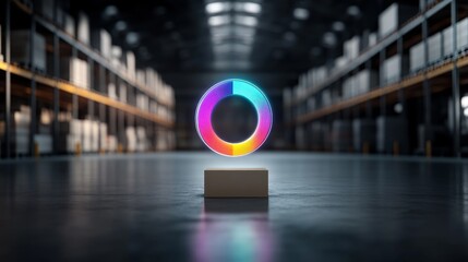 A photorealistic scene of a warehouse setting with a glowing holographic pie chart displaying transport proportions, centered around a product box icon, Realism, Soft lighting, Professional design 
