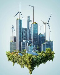 A futuristic cityscape featuring wind turbines and greenery.