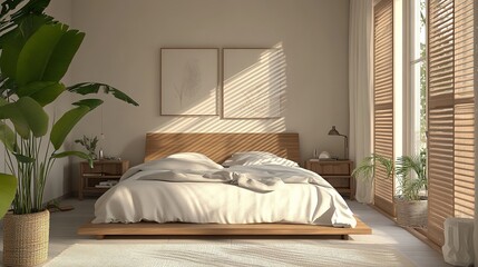 A minimalist bedroom with a focus on personal space and wellness, featuring clean lines and calming colors.