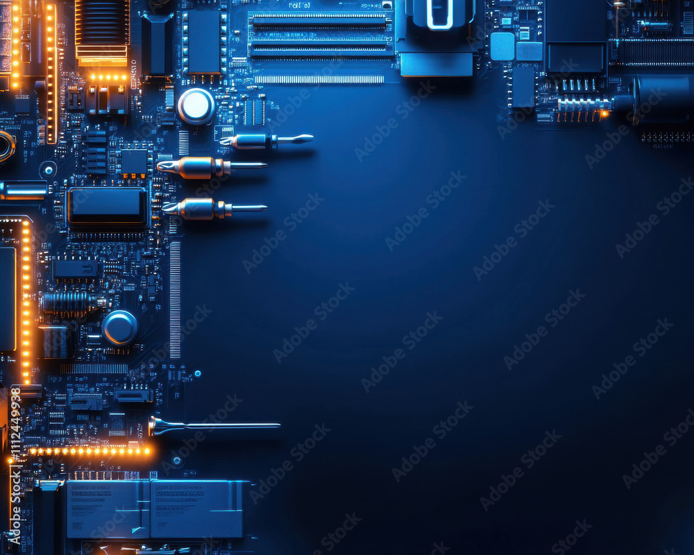 Aufkleber close-up of a circuit board with glowing elements, showcasing technology and innovation in a dark ba