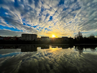 Ferrara waterway and navigable canal in Ferrara at sunset