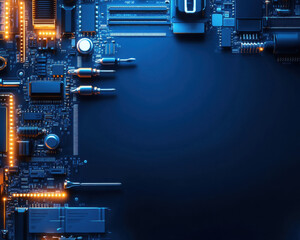 Close-up of a circuit board with glowing elements, showcasing technology and innovation in a dark background.