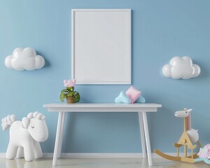 Mockup of a blank picture frame in a child s room with white clouds. a rocking horse. and a white table