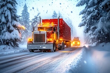 Trucks haul containers across through a snowstorm