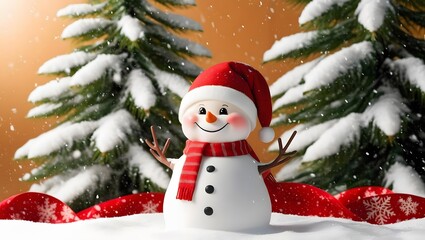 Fototapeta premium Joyful snowman in a snowy winter wonderland, wearing a Santa hat and scarf. Festive Christmas scene!