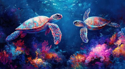 Obraz premium Vibrant Underwater Scene with Two Colorful Sea Turtles Swimming Among Lush Coral Reefs in a Deep Blue Ocean