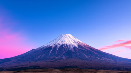 Fototapeta premium Majestic snowy peak of volcano under colorful sky at sunset