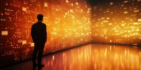 A silhouette of a businessman standing before a wall of glowing data graphs.