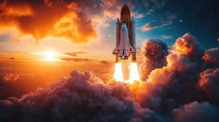 Space rocket lift off. Space shuttle with smoke and blast takes off into space on a background of blue planet earth with amazing sunset