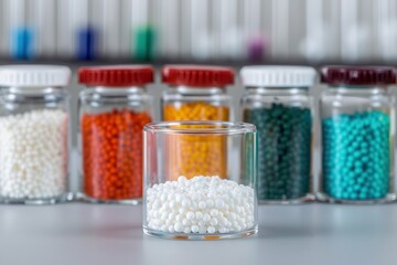 Material science studies compounds. Colorful beads in jars on a table