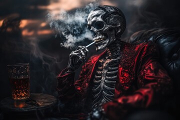 Fototapeta premium A human skeleton casually smoking a cigarette, black and red colors, with smoke swirling around