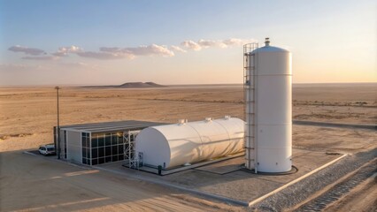 Obraz premium Hydrogen tank, Industrial storage facility in a desert landscape