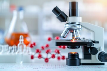Material science studies compounds. Microscope in a laboratory setting