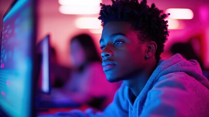 Young Male Student Engaged in Computer Work with Colorful Backlighting in a Modern Classroom Environment Focusing on Digital Learning and Technology Innovation